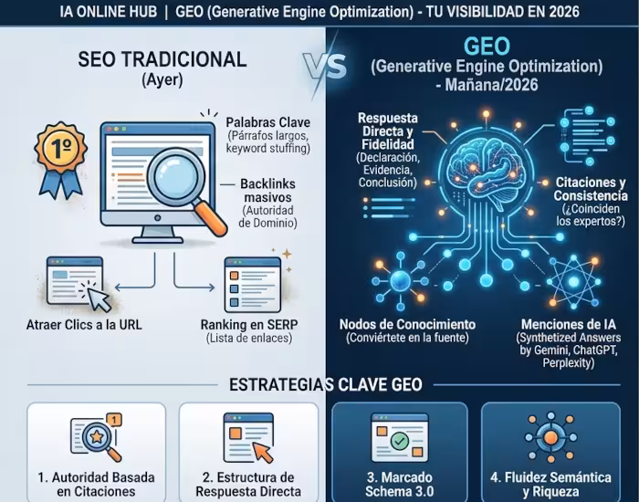 Infografía comparativa: SEO tradicional vs GEO Generative Engine Optimization para 2026