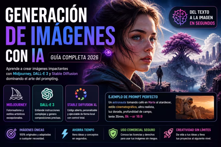 Generación de imágenes con IA usando Midjourney, DALL-E 3 y Stable Diffusion para crear arte digital profesional